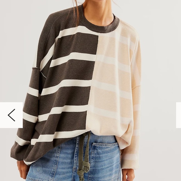 Free People Uptown Stripe Pullover Sweater Black Cream Sweatshirt Oversized - Picture 1 of 13